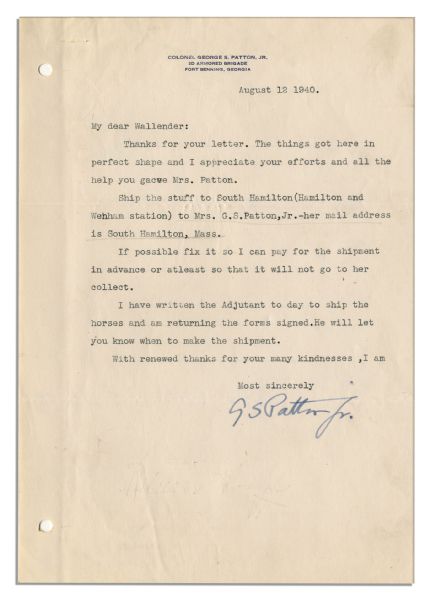 General George Patton Typed Letter Signed -- ''...I have written the Adjutant to day to ship the horses...''