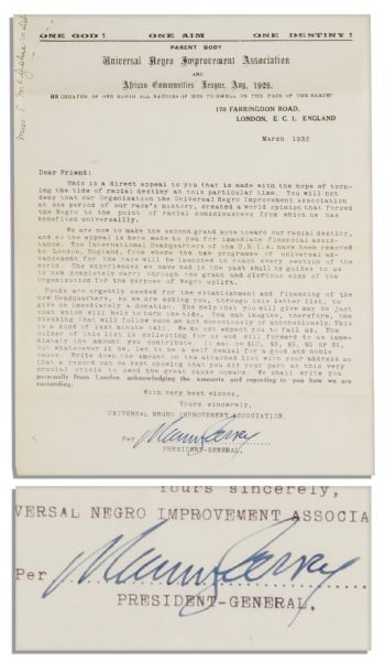 Marcus Garvey Typed Letter Signed Regarding the Universal Negro Improvement Association and African Communities' League -- ''...We do not expect you to fail us...''