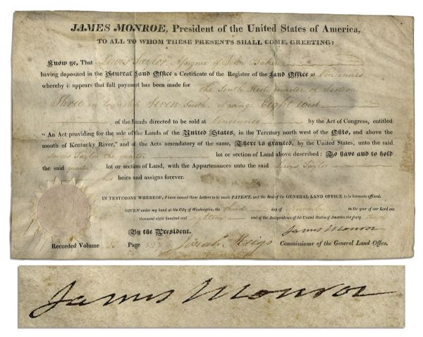 James Monroe Land Grant Signed as President in 1818