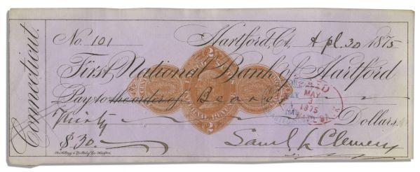 Rare Mark Twain 1875 Personal Check Signed ''Samuel L. Clemens'' -- A Year Later He Would Publish ''The Adventures of Tom Sawyer''