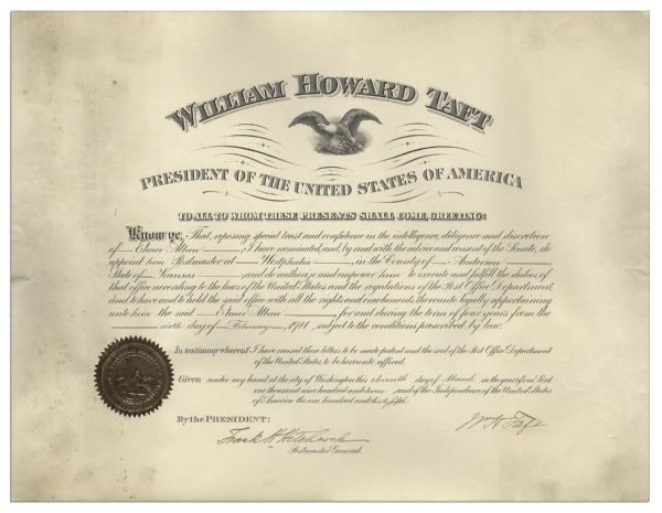 William H. Taft Document Signed as President