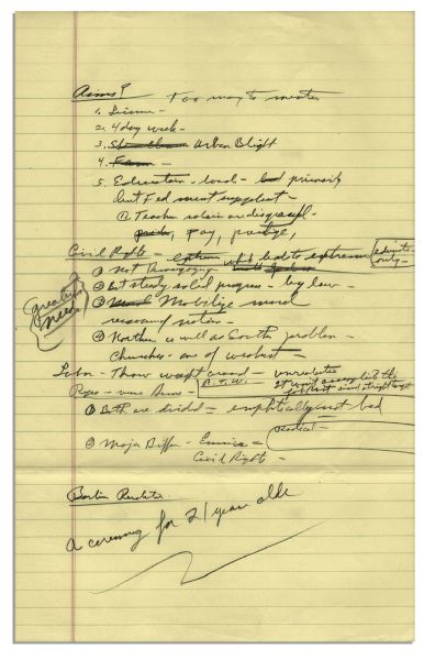 Richard Nixon Handwritten Notes on Education & Civil Rights -- ''...Teacher relations are disgraceful...pay, prestige...Civil Rights...Northern as well as South problem...''