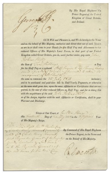 King George III Document Signed From 1812 -- With Bold & Large ''George PR'' Signature