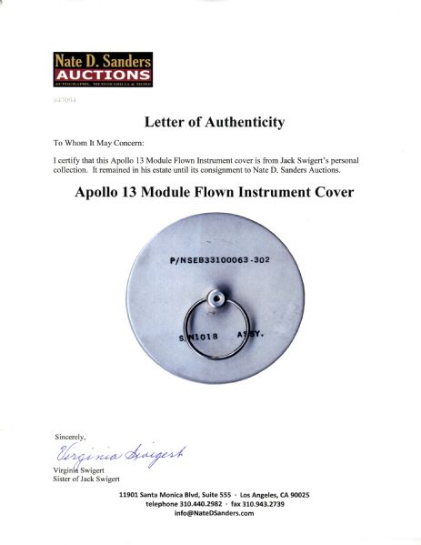 Apollo 13 Flown Instrument Cover From Jack Swigert's Estate