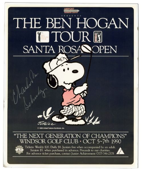 Charles Schulz Signed Peanuts Poster -- From a 1990 Golf Tournament -- Depicting Beloved Snoopy as a Golf Pro