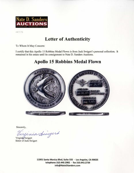 Jack Swigert's Personally Owned & Exceptionally Rare Apollo 15 Flown Robbins Medal -- One of Just 127 Flown -- From The Swigert Estate