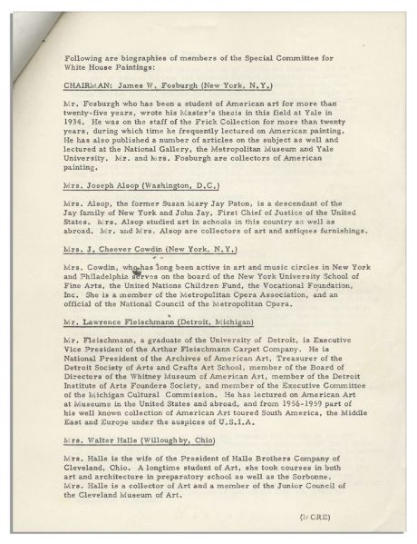 Official Jackie Kennedy White House Press Release -- Announcing the White House Permanent Art Collection Committee Members