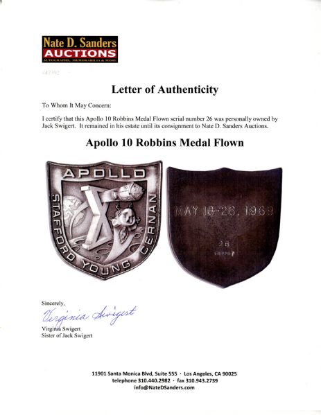 Jack Swigert's Personally Owned Apollo 10 Flown Robbins Medal, Serial Number 26 -- From Jack Swigert's Estate
