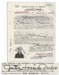 Greta Garbos Immigration & Naturalization Papers Signed by Her -- With Twice-Signed Passport Photo Affixed to the Papers