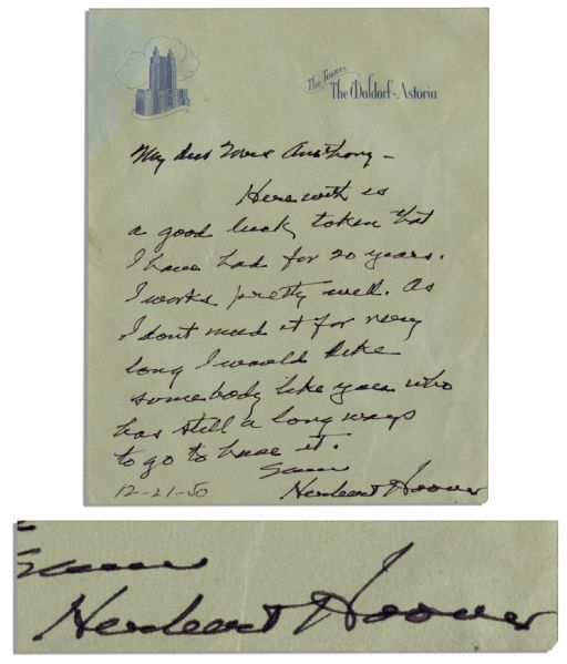 Rare Herbert Hoover Autograph Letter Signed -- ''...Herewith is a good luck token that I have had for 20 years. It works pretty well....I don't need it for very long...''