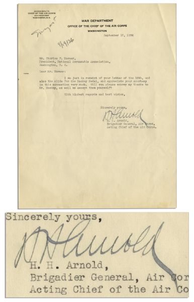 Five-Star General Hap Arnold Typed Letter Signed as Acting Chief of the Air Corps