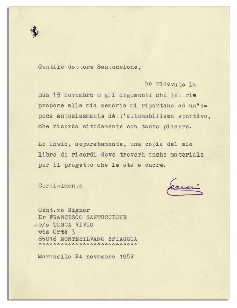 Enzo Ferrari Typed Letters Signed -- Lot of 7 -- ''...an exciting era of motor car sports which I remember with so much pleasure...''