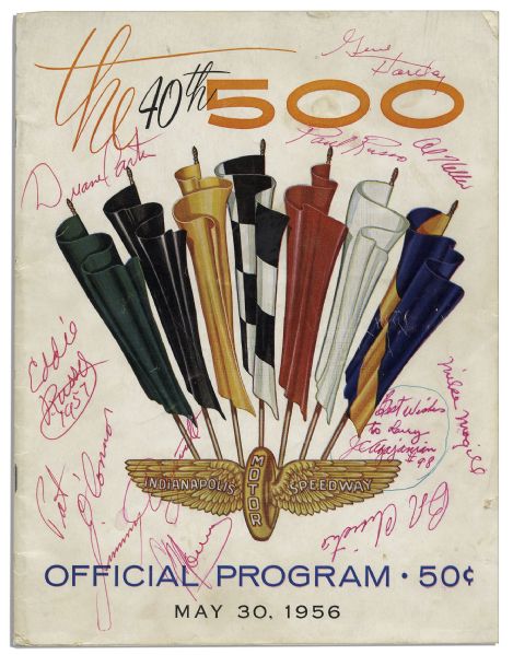 Indianapolis 500 Program From 1956 Signed by Eddie Russo, Pat O'Connor, Paul Russo, Gene Hartley, Al Keller, Jimmy Daywalt, Bob Christie, Duane Carter, Mike Magill & J.C. Agajanian