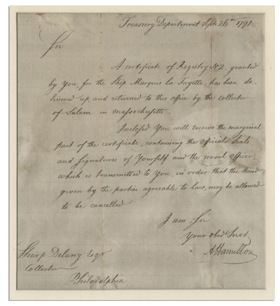 Nicely Framed Alexander Hamilton 1791 Autograph Letter Signed as Secretary of the Treasury