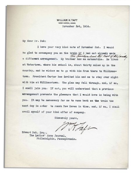 William Taft Lot of 10 Typed Letters Signed to His Friend Edward Bok, Editor of ''Ladies Home Journal'' Magazine -- Including a War-Dated Letter & Letter Signed as Chief Justice
