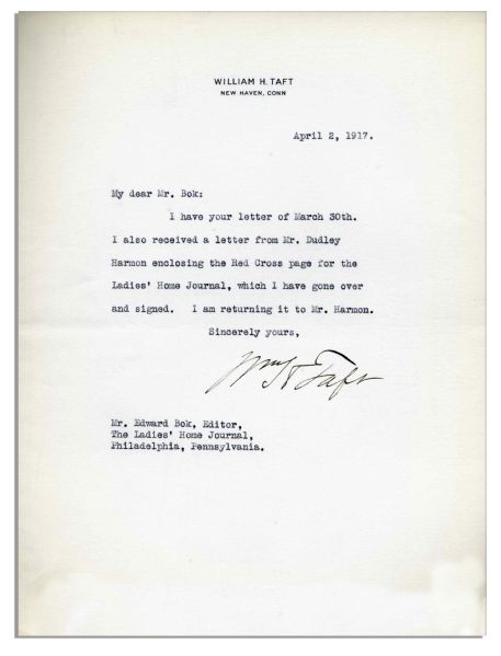 William Taft Lot of 10 Typed Letters Signed to His Friend Edward Bok, Editor of ''Ladies Home Journal'' Magazine -- Including a War-Dated Letter & Letter Signed as Chief Justice