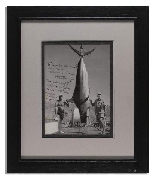 Excellent Ernest Hemingway Signed & Inscribed Photo -- Standing Beside A Huge Marlin After The ''Old Man and the Sea Expedition'', Held in Cabo Blanco in 1956