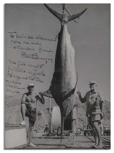 Excellent Ernest Hemingway Signed & Inscribed Photo -- Standing Beside A Huge Marlin After The ''Old Man and the Sea Expedition'', Held in Cabo Blanco in 1956
