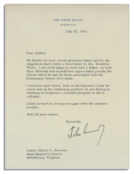 John F. Kennedy Letter Signed as President in 1962 Regarding The Supreme Court Decision to Outlaw Mandatory School Prayer -- ''...I welcome your views...on the Supreme Court decision...''