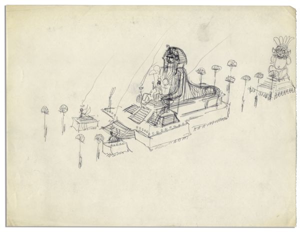 Incredible Early Drawing of Liz Taylor John DeCuir drawing of Liz as Cleopatra --Seated on the Sphinx