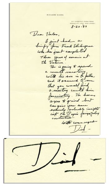Richard Nixon Autograph Letter Signed to Friend and Noted Newspaper Publisher, Helen Copley -- ''...He...can give you...valuable insights into the Pope's foreign policy initiatives...''