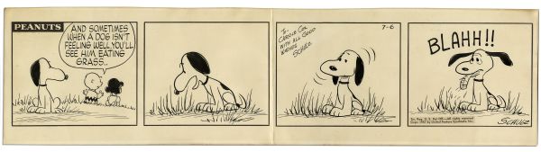 Original 1957 ''Peanuts'' Strip Hand-Drawn by Charles Schulz -- Featuring Snoopy, Charlie Brown & Lucy