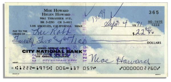 Three Stooges Signed Checks -- Three Checks, One Each Signed by Moe Howard, Larry Fine and ''Curly'' Joe DeRita, the So-Called Sixth Stooge