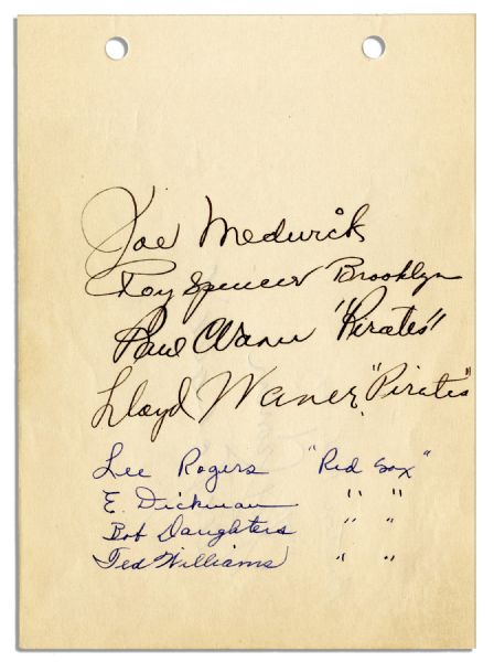 1938 Signatures by Ted Williams, Joe Medwick, Paul Waner, Lloyd Waner & Six Other Baseball Greats