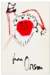 Orson Welles Signed Drawing -- What Looks to Be a Sketch of Himself as Santa Claus -- Watercolor & Ink