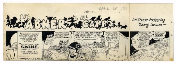 ''Li'l Abner'' Sunday Strip Hand-Drawn by Al Capp From 24 April 1966 -- Featuring Capp's Famous ''S.W.I.N.E'' Characters -- 29'' x 18'' On Two Separated Strips -- Very Good