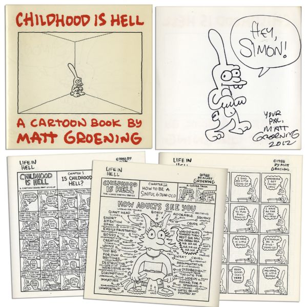 ''Simpsons'' Creator Matt Groening Signed First Edition of His Book ''Childhood Is Hell'' -- To Which He Adds a Large Hand Drawn Sketch of His Protagonist