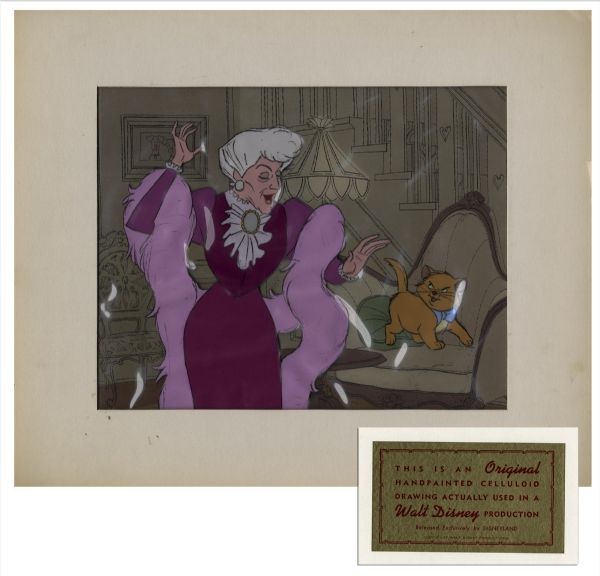 Ray Bradbury Owned Disney Animation Cel From ''The Aristocats'' -- Depicts Madame Adelaide & Toulouse -- With Disney COA Sticker to Verso -- Matted to 14'' x 12'' -- Fine -- COA From Estate