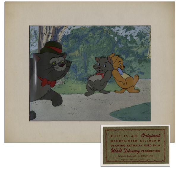 Ray Bradbury Owned Disney Cel From ''The Aristocats'' -- Depicts Scat Cat, Toulouse & Berlioz -- With Disney COA Sticker to Verso -- Matted to 14'' x 12'' -- Near Fine -- COA From Estate
