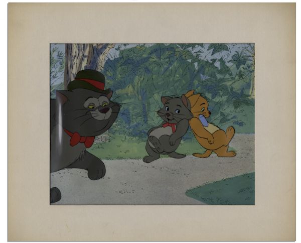 Ray Bradbury Owned Disney Cel From ''The Aristocats'' -- Depicts Scat Cat, Toulouse & Berlioz -- With Disney COA Sticker to Verso -- Matted to 14'' x 12'' -- Near Fine -- COA From Estate