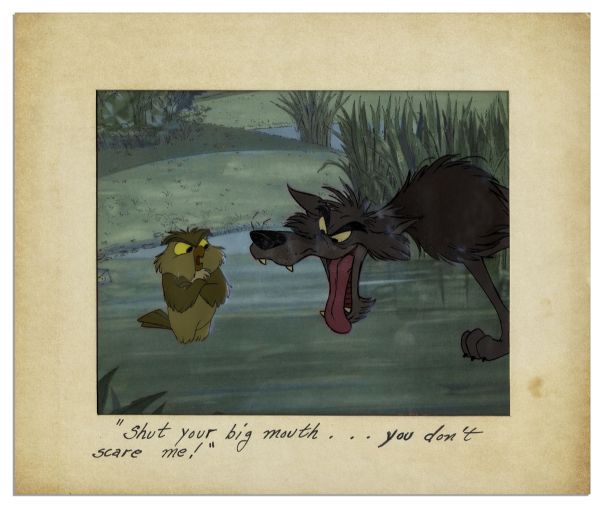 Ray Bradbury Owned Disney Cel From ''The Sword in the Stone'' -- Merlin's Owl Archimedes & The Hungry Wolf -- Measures 14'' x 12'' -- Near Fine -- With Disney COA on Verso & COA From Estate