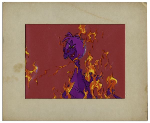 Ray Bradbury Owned Disney Cel From ''The Sword in the Stone'' -- Madam Mim The Dragon With Flames -- 12'' x 10'' -- Disney COA to Verso -- Stain to Mat, Cel Is Near Fine -- COA From Estate