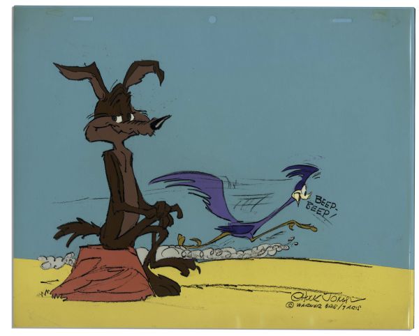 Ray Bradbury Personally Owned Animation Cel -- Featuring Hanna-Barbera's Wile E. Coyote & Road Runner -- Signed by Chuck Jones -- 12.25'' x 10'' -- Near Fine With COA From Estate