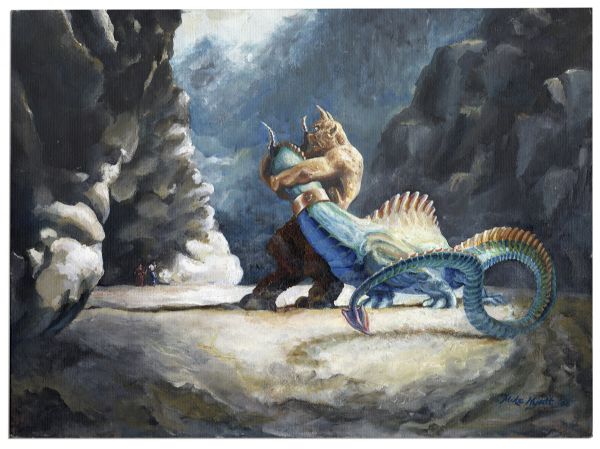 Ray Bradbury Personally Owned Painting of a Dragon Engaged in Battle -- Creatures From 7th Voyage of Sinbad