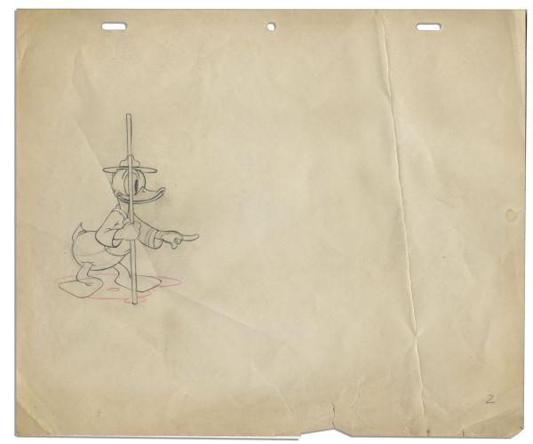 Ray Bradbury Owned Sketch of Walt Disney's ''Donald Duck'' -- Sketched in Pencil on Animation Paper -- Measures 13'' x 11'' -- Creasing, Very Good -- With COA from Bradbury Estate