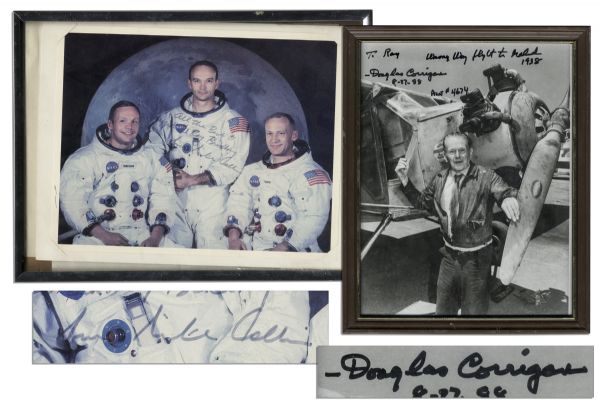 Ray Bradbury Owned 10'' x 8'' Photos Signed by Apollo 11 Astronaut Michael Collins & Aviation Pioneer Douglas Corrigan -- Both Dedicated to Bradbury & With COA From His Estate -- Very Good