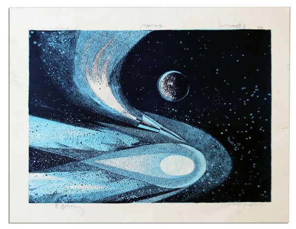Ray Bradbury Personally Owned Lot of 3 Mugnaini Prints From ''Ten Views of the Moon'' Series -- Signed by Mugnaini & Bradbury