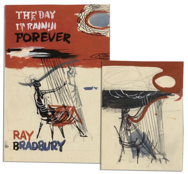 Ray Bradbury Personally Owned Preliminary Cover Art by Mugnaini for His Novel ''Day It Rained Forever'' -- Two Paintings