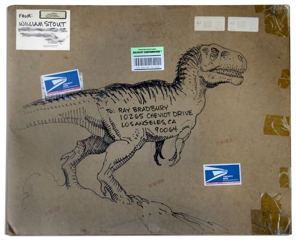 Ray Bradbury Personally Owned Art by Fantasy Artist William Stout -- Very Interesting Piece Is a Dinosaur on a 27'' x 22'' Mailing Envelope