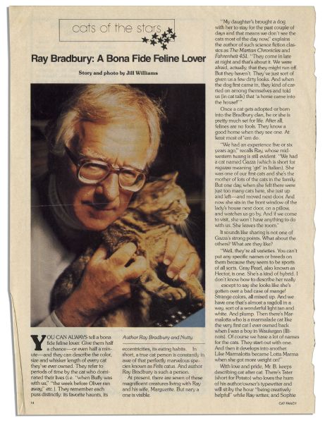 Ray Bradbury Hand-Labeled File Folder, Housing Clipped Article From ''Cat Fancy'' Magazine of a Bradbury Interview About the Family Cats Including Their Favorite ''Nutty'' -- COA From Estate