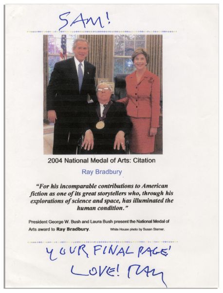 Ray Bradbury Signed & Inscribed 2004 National Medal of Arts Citation -- ''Sam!  Your Final Page!  Love! Ray''