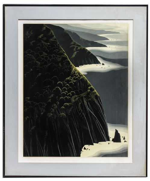 Ray Bradbury Personally Owned Art -- Limited Edition California Coastal Landscape Silkscreen by Eyvind Earle Titled ''Gray Big Sur''