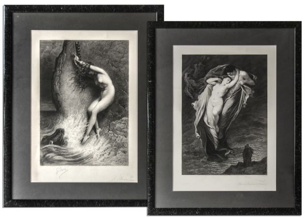 Ray Bradbury Owned Pair of Gustave Dore Prints -- ''Andromeda'' Signed by Dore & Herbert Bourne & Unsigned Print of Two Lovers -- Framed to 21.75'' x 27.25'' -- Near Fine -- COA From Estate