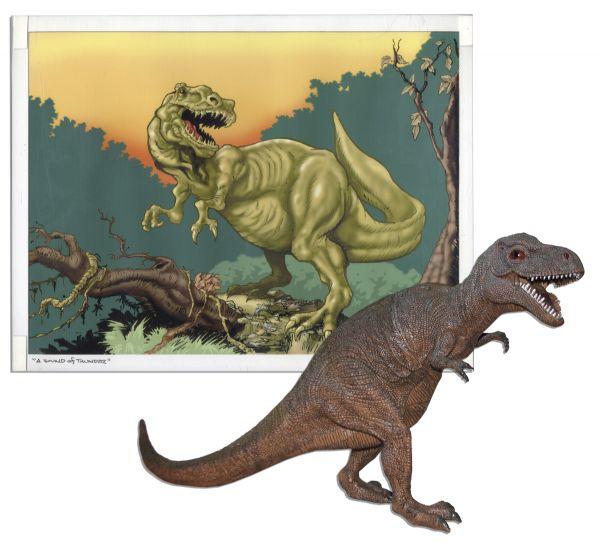 Ray Bradbury Owned Print Inspired by ''A Sound of Thunder'' & Dinosaur Figure -- Art Framed to 14.25'' x 11.25'', Dinosaur Measures 19.5'' From Nose to Tail -- Near Fine -- COA From Estate