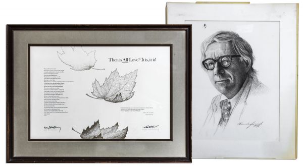 Ray Bradbury Personally Owned Portrait Sketch & Signed Limited Edition Poster Featuring His Poem, ''Then All Is Love? It Is, It Is!''