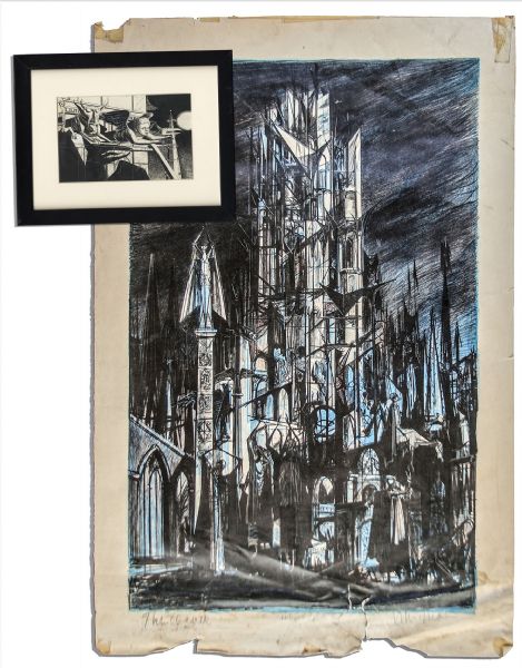 Ray Bradbury Personally Owned Mugnaini Signed Ink Drawing From ''The Halloween Tree'' -- Plus Mugnaini Signed ''The Tower'' Artist Proof Measuring 22.75'' x 34.75''